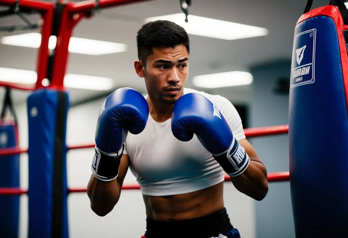 En bokser træner med den perfekte slagpude fokuseret og beslutsom